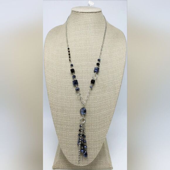I.N.C. Silver Tassel Necklace with Jet Stones & Rhinestones NWT 26" - Picture 1 of 4